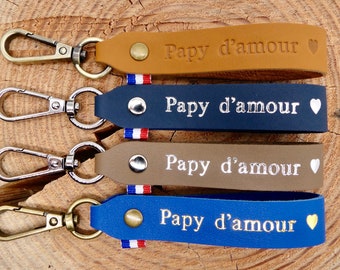 Porte-clés en cuir fait main "Papi d'amour" ou "Papy d'amour"