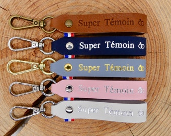 Porte clés en cuir fait main "Super témoin"