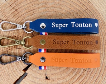 Porte-clés en cuir fait main "Super Tonton"