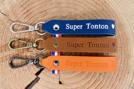 Porte-clés en cuir fait main "Super Tonton"