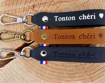 Porte-clés en cuir fait main "Tonton chéri"