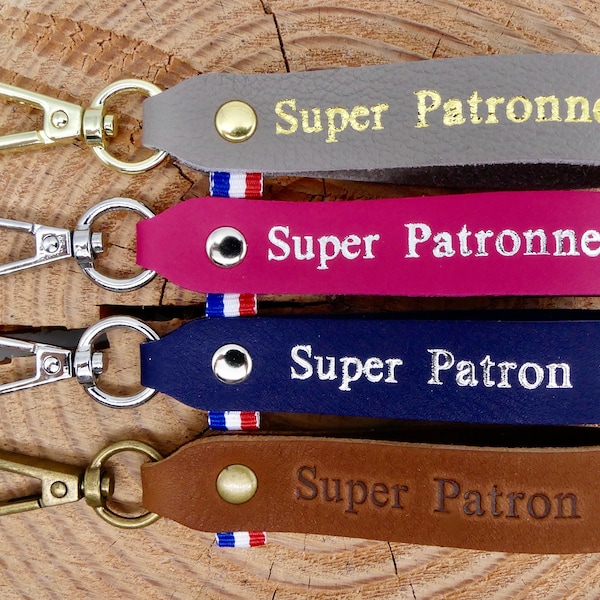 porte clé cuir fait main "Super patron/ne"