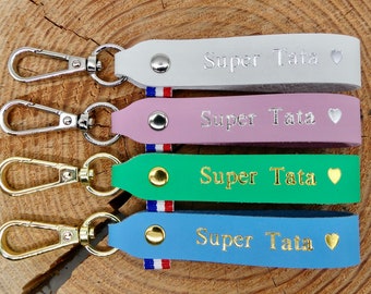 Porte-clés en cuir fait main "Super Tata"