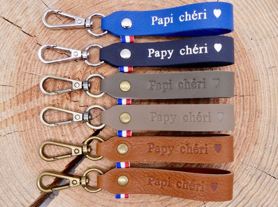 Porte-clés en cuir fait main &quot;Papi chéri&quot; ou &quot;Papy chéri&quot;