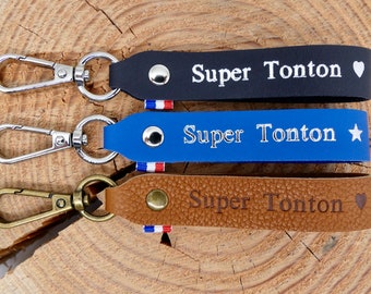 Porte-clés en cuir fait main "Super Tonton"