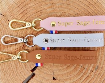 Porte clés en cuir fait main "Super Sage-femme"