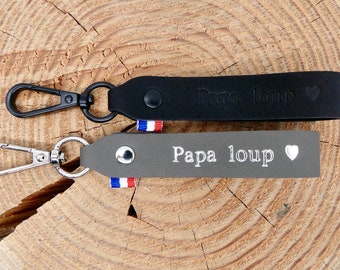 Porte-clés en cuir fait main "Papa loup"