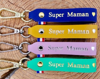 Porte-clés en cuir fait main "Super Maman"