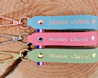 Porte-clés en cuir fait main "Mamie chérie"