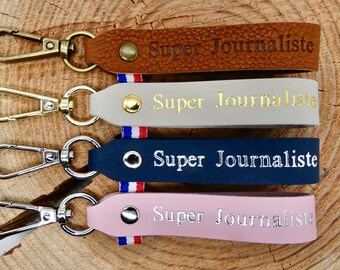 Porte-clés en cuir fait main "Super Journaliste"