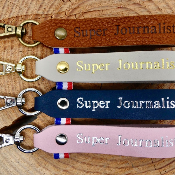 Porte-clés en cuir fait main "Super Journaliste"