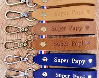 Porte-clés en cuir fait main "Super Papy" ou "Super Papi"