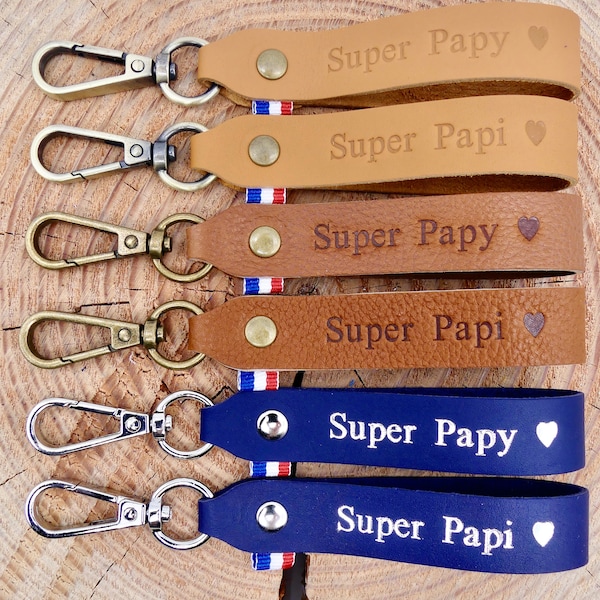 Porte-clés en cuir fait main "Super Papy" ou "Super Papi"
