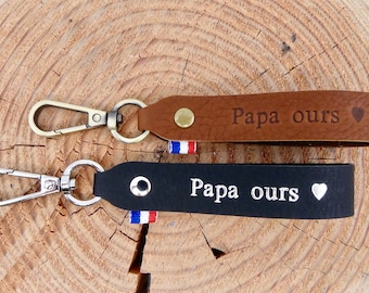 Porte-clés en cuir fait main "Papa ours"