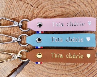 Porte clés en cuir fait main "Tata chérie"