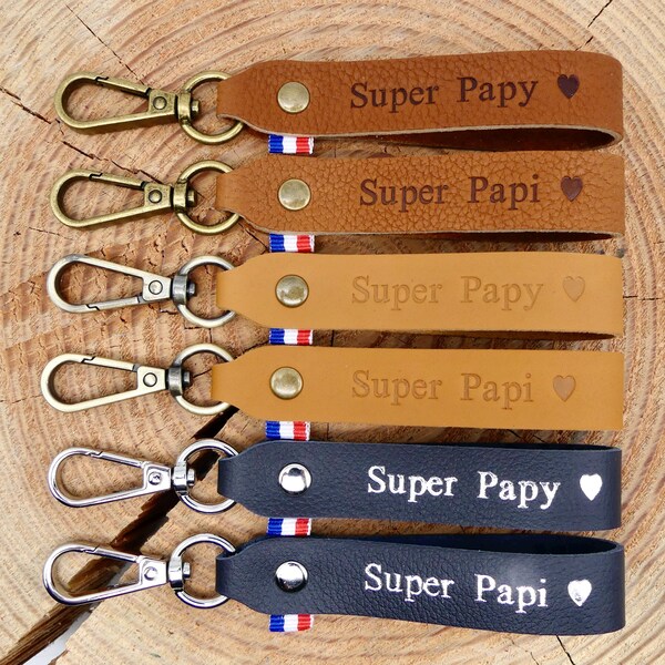 Handmade leather keychain "Super Papy" or "Super Papi"