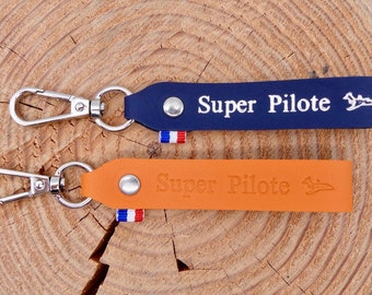 Porte-clés en cuir fait main "Super Pilote" (Avion / Jet / Hélico)