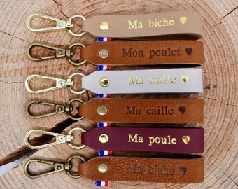 Porte-clés en cuir fait main "Ma poule/caille/biche/Mon poulet"