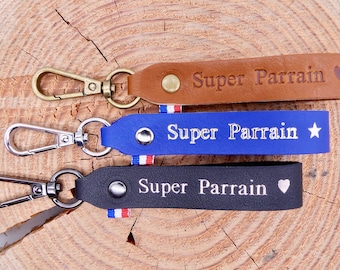 Porte-clés en cuir fait main "Super Parrain"