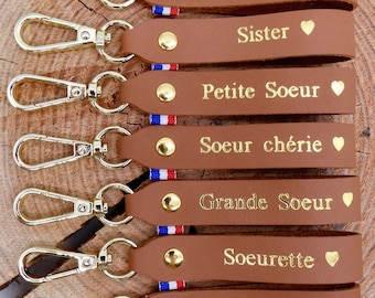 Porte-clés en cuir fait main Sister / Sœurette / Sœur chérie / Sœur d’amour / Frangine / Petite sœur / Grande sœur