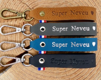 Porte-clés cuir fait main " Super Neveu "