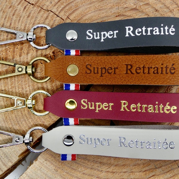 Handmade leather keychain "Super Retired"