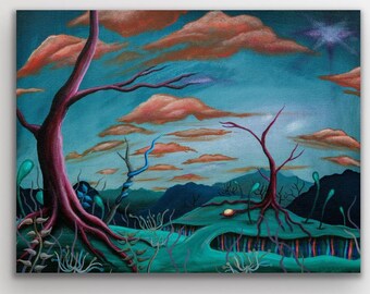 May include: An original painting depicting a surreal landscape. The artwork features a teal sky with orange clouds, purple trees, and a green terrain. The painting has a dreamlike quality, with a unique color palette and imaginative forms.