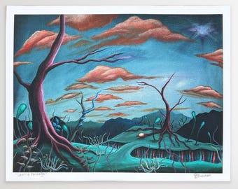 May include: An original painting with a surreal landscape. The artwork features a teal and blue sky with orange clouds, and a winding road through a teal landscape. The painting includes trees with exposed roots and the text "Gentle Passage".