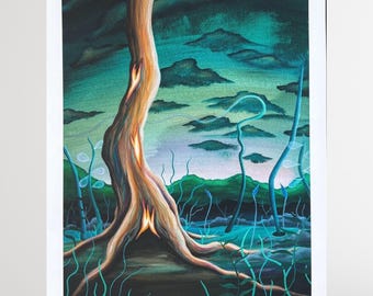 May include: An original art print titled "Rooted Breath" featuring a surreal landscape. A large tree trunk with exposed roots dominates the foreground, with a teal and green color palette. The artwork includes stylized clouds and plant life.