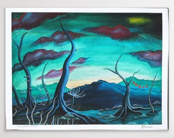 May include: An original painting featuring a surreal landscape with stylized trees and a vibrant sky. The artwork showcases a color palette of teal, purple, and blue, with the text "Friendship Sleeps" at the bottom.