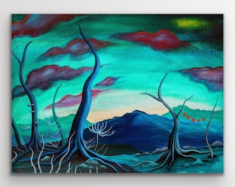 May include: An abstract painting depicts a surreal landscape with stylized blue trees and roots against a teal and purple sky. The artwork features a mountain range and a cluster of red stars.