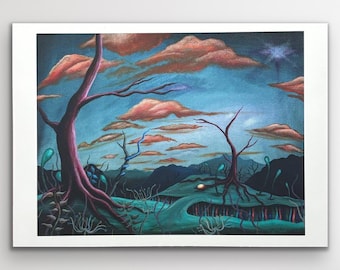 May include: An original painting featuring a surreal landscape with a teal sky and coral-colored clouds. The artwork depicts stylized trees with exposed roots, a winding path, and otherworldly plant life. The painting is framed in a white border.