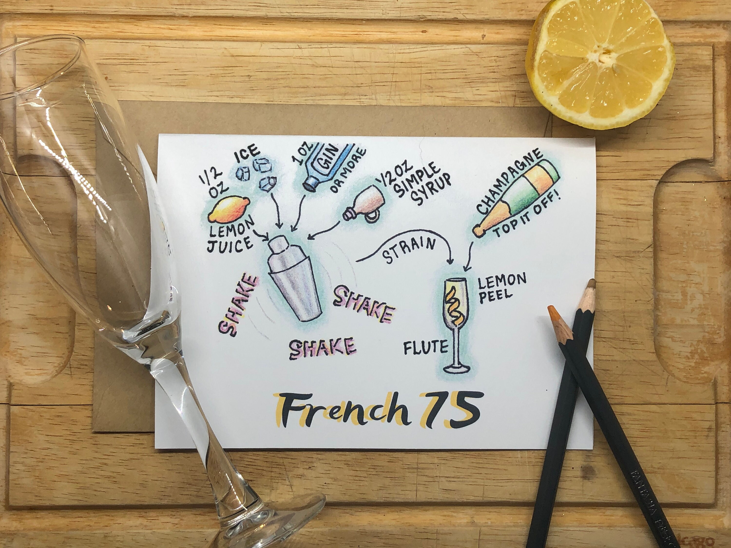 French 75 Cocktail Recipe Hand Drawn 5 X 7 Greeting Card, Blank Inside ...