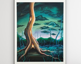 May include: An original artwork print featuring a surreal landscape. A large tree with a textured, light brown trunk and roots dominates the foreground. The background shows a teal sky with dark clouds and green hills. The artwork has a fantasy theme.