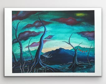 May include: An original landscape painting featuring a surreal forest scene. The artwork showcases tall, slender trees with exposed roots, set against a backdrop of teal and purple clouds. The painting has a white border.