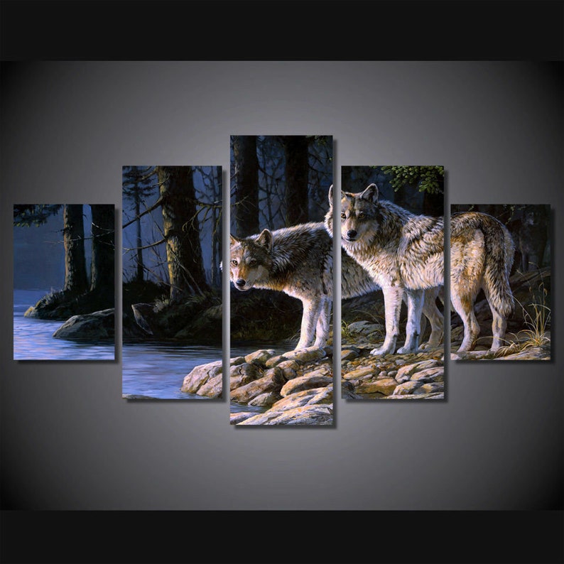 Wolves by River Wolf Wildlife Framed & Unframed Canvas Five Etsy