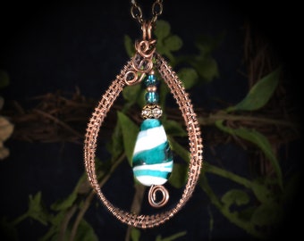 Copper Wire Wrapped Pendant | Aqua & White Twisted Teardrop Pendant | Chain or Leather Cord | Unique Design | Gift Boxed