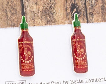 Sriracha Hot Sauce Earrings | Handmade Epoxy Resin Earrings | SS Post Backs | Mini Huy Fong Sriracha Hot Chili Sauce Bottles | Gift Boxed