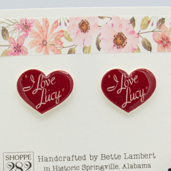 Retro TV Show Earrings | Handmade Epoxy Resin Red Heart Earrings | Hypoallergenic SS Post Back | I Love Lucy | Lovely Gift | Gift Boxed