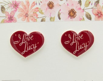 Retro TV Show Earrings | Handmade Epoxy Resin Red Heart Earrings | Hypoallergenic SS Post Back | I Love Lucy | Lovely Gift | Gift Boxed