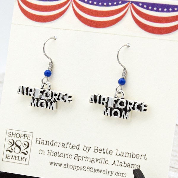 Military Mom Jewelry | USAF Mom Earrings | 3D Tibetan Silver Words | Blue or Silver Accent Bead | Hypoallergenic SS Ear Wire | Gift Boxed