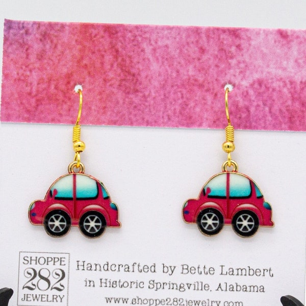 Hippie Bug Car Earrings | Fun & Funky Earrings | Hot Pink Enamel on Gold Plate | Carded and Gift Boxed | Cute Addition to Jewelry Collection