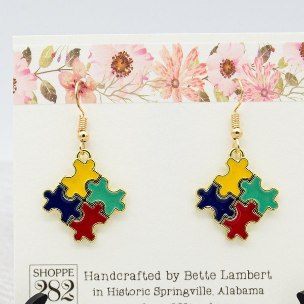 Autism Puzzle Pieces Earrings | Enameled Gold Plate | Awareness Jewelry | BCBA OT Jewelry | Gift for Special Ed Teacher | Gift Boxed