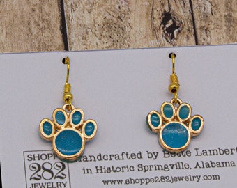 Blue Enamel Dog Paw Earrings: Gold Plated, Hypoallergenic