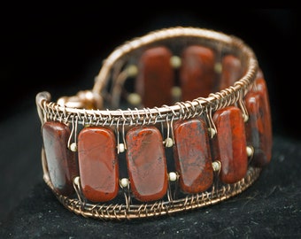 Red Jasper and Copper Cuff Bracelet | Rounded Rectangle Stones | Tan Magnesite Beads | Handmade Clasp | Woven Wire Cuff | Gift Boxed