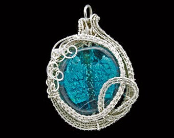 Silver Wire Wrapped Blue Lampwork Glass Pendant | Choice of Chain or Leather Cord | Unique Design | Great Gift Idea