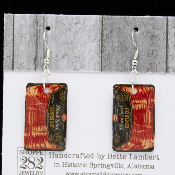 Black Label Bacon Earrings | Handmade Epoxy Resin Center Cut Bacon Jewelry | Whimsical Foodie Jewelry | Gift Boxed | Fast Shipping