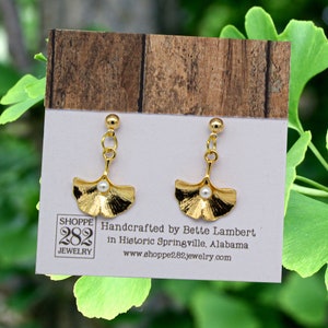 Ginko Leaf Earrings | Gold Plated Ginko Leaf accented with a Tiny Faux Pearl | Gold Plated SS Ear Posts | Gift Boxed | Nature Jewelry