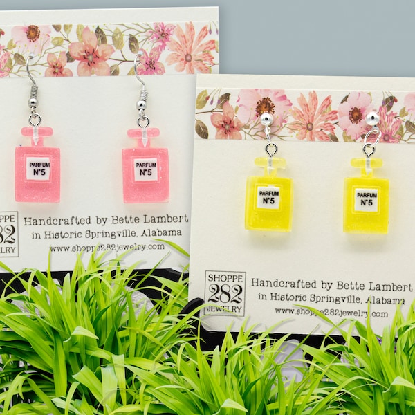 Perfume Bottle Earrings | Resin Parfum No. 5 | Choose Pink or Yellow | Hypoallergenic SS Ear Wires or Posts | Girly Jewelry | Gift Boxed