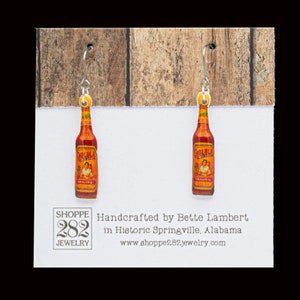 Hot Sauce Bottle Earrings: Handmade Epoxy Resin, Sterling Silver Ear Wires, Gift Boxed